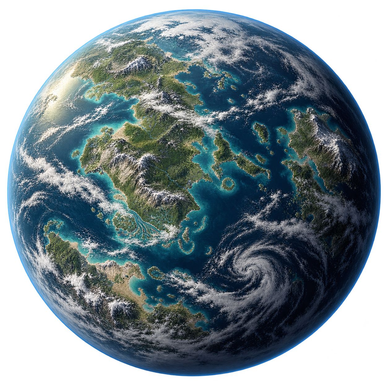 A richly detailed temperate planet with blue oceans and luminous clouds